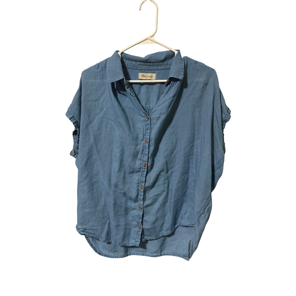 Madewell Size Medium Blue Cotton Short Sleeve Button Up Shirt Indigo Top
